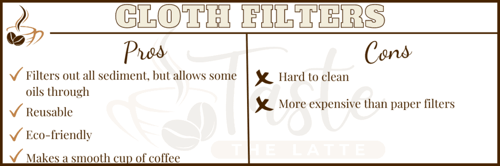 table comparing the pros and cons of using a cloth coffee filter