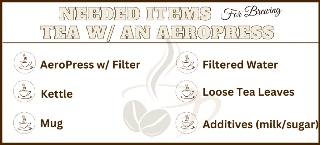 List of items needed to brew tea in your aeropress
1. filtered water
2. loose tea leaves
3. additives
4. aero press with filter
5. mug